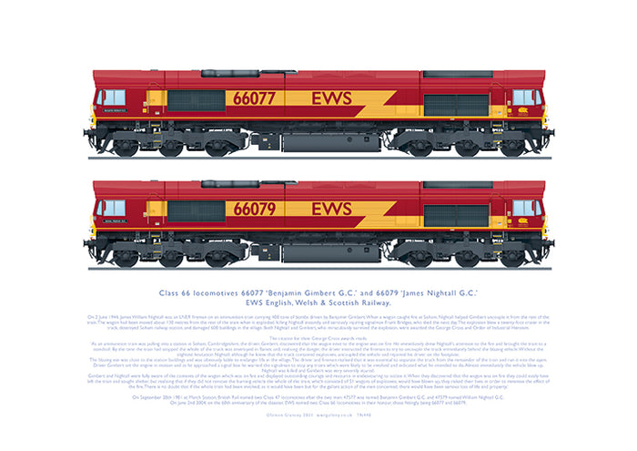 Class 66 66077 ‘Benjamin Gimbert G.C.’ and 66079 ‘James Nightall G.C.’